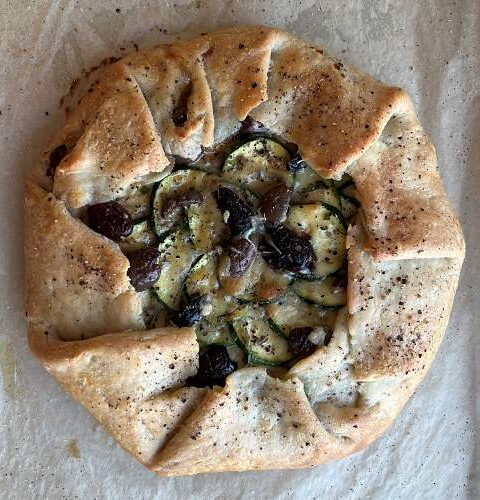 Overhead shot of baked gluten-free zucchini galette