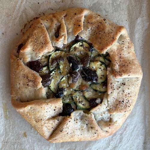 Overhead shot of baked gluten-free zucchini galette