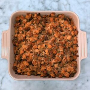 Casserole Dish Filled with Baked Gluten-Free Holiday Dressing - Just out of the Oven