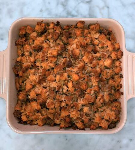 Casserole Dish Filled with Baked Gluten-Free Holiday Dressing - Just out of the Oven