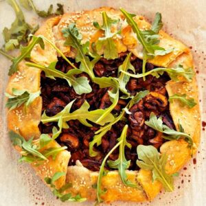 Gluten-Free Mushroom Burger Galette - Adding the Arugula
