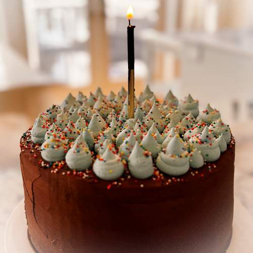 Beth's Birthday Cake with chocolate buttercream, teal piped dollops and sprinkles